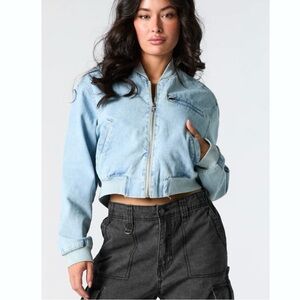 New Refuge Denim Pilot Bomber Sun Faded‎ Boyfriend Jacket Grunge Casual Y2K NWT